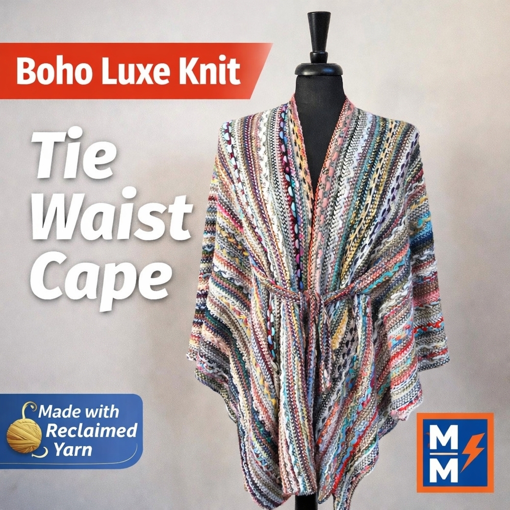 Boho Knit Tie Waist Cape | Cozy Wrap | Reclaimed Yarn | NWT